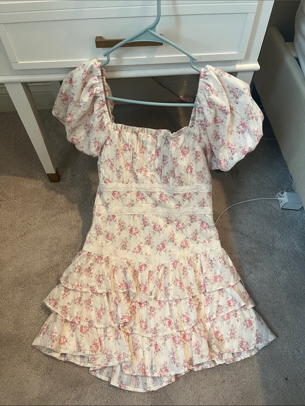 Altar'd State Cream Floral Puff-Sleeve Ruffled Dress